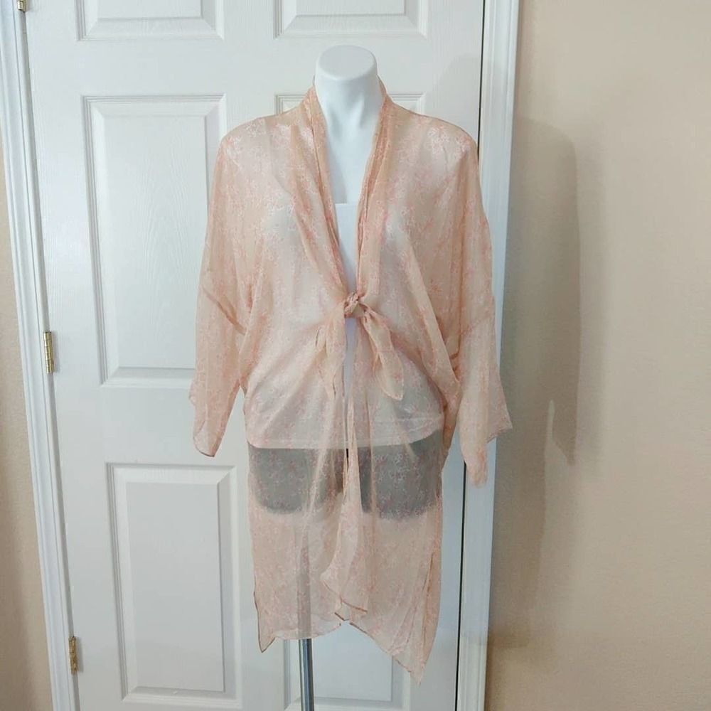 Vince Camuto sheer long silky floral open front drop shoulder kimono cardigan OS